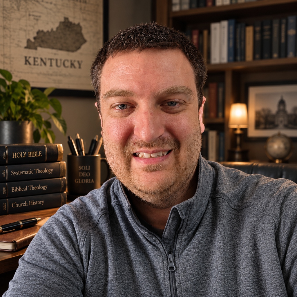 David Taylor sitting in his study with theology books and a framed map of Kentucky